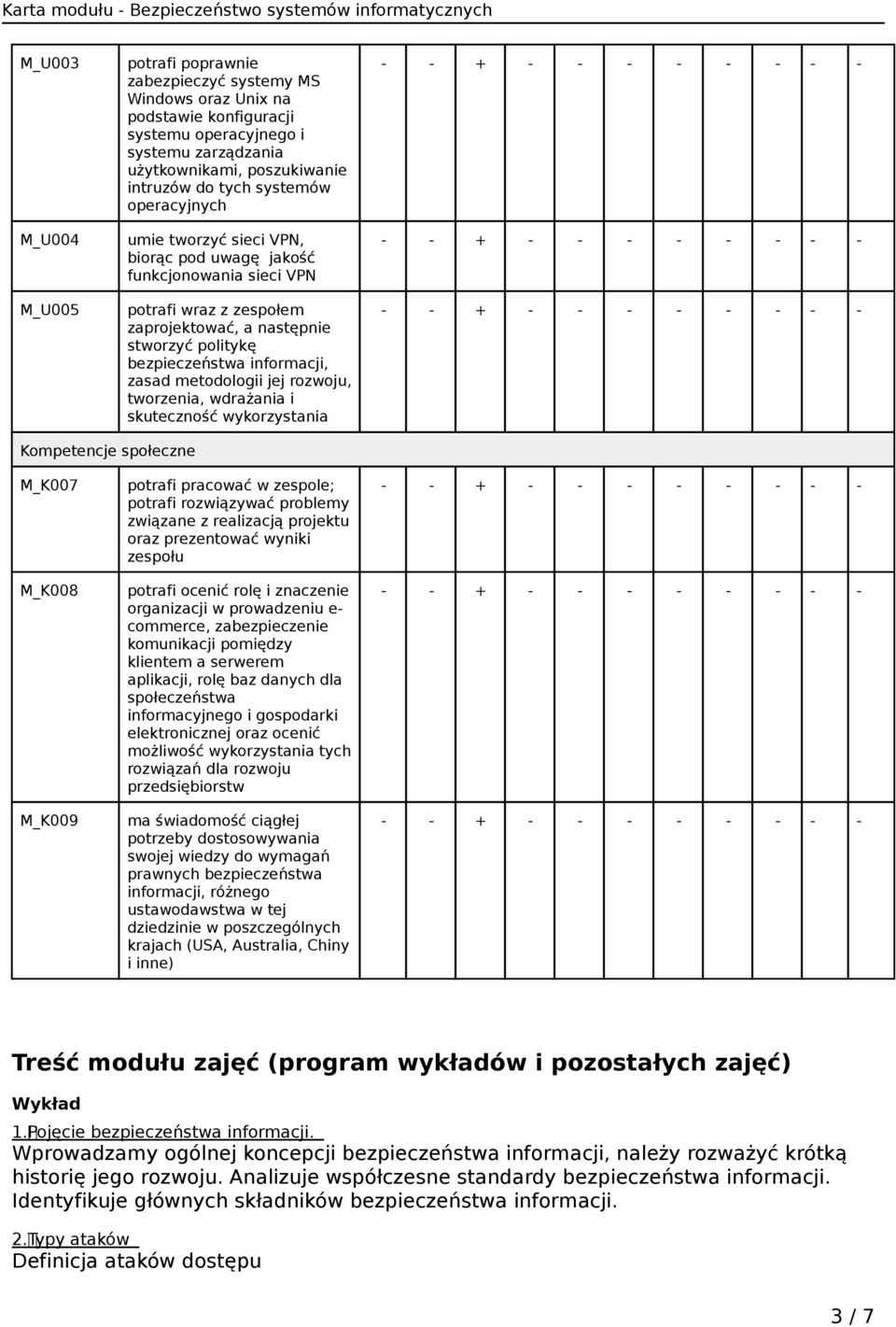 metodologii jej rozwoju, tworzenia, wdrażania i skuteczność wykorzystania Kompetencje społeczne M_K007 M_K008 M_K009 potrafi pracować w zespole; potrafi rozwiązywać problemy związane z realizacją