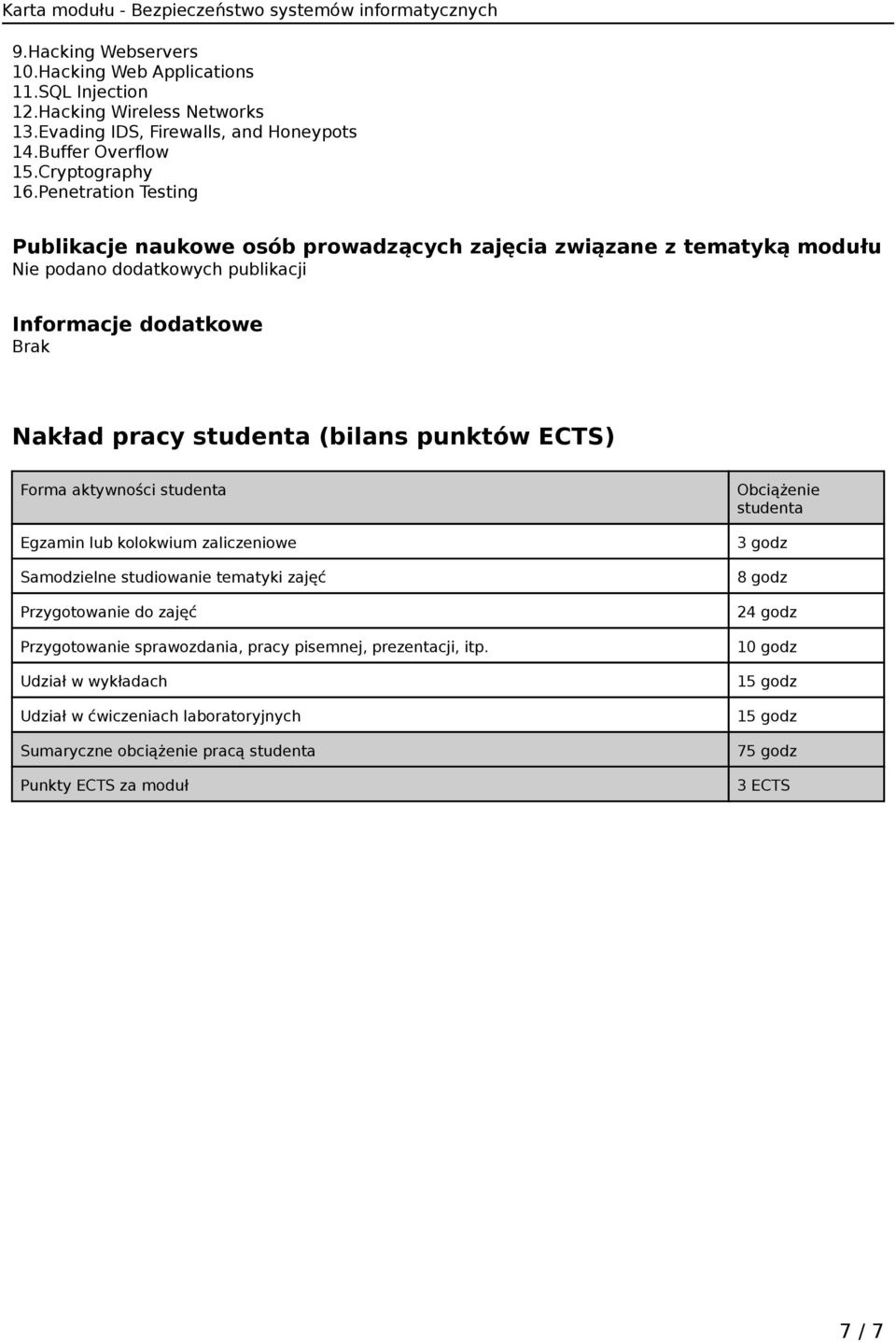 punktów ECTS) Forma aktywności studenta Egzamin lub kolokwium zaliczeniowe Samodzielne studiowanie tematyki zajęć Przygotowanie do zajęć Przygotowanie sprawozdania, pracy pisemnej,