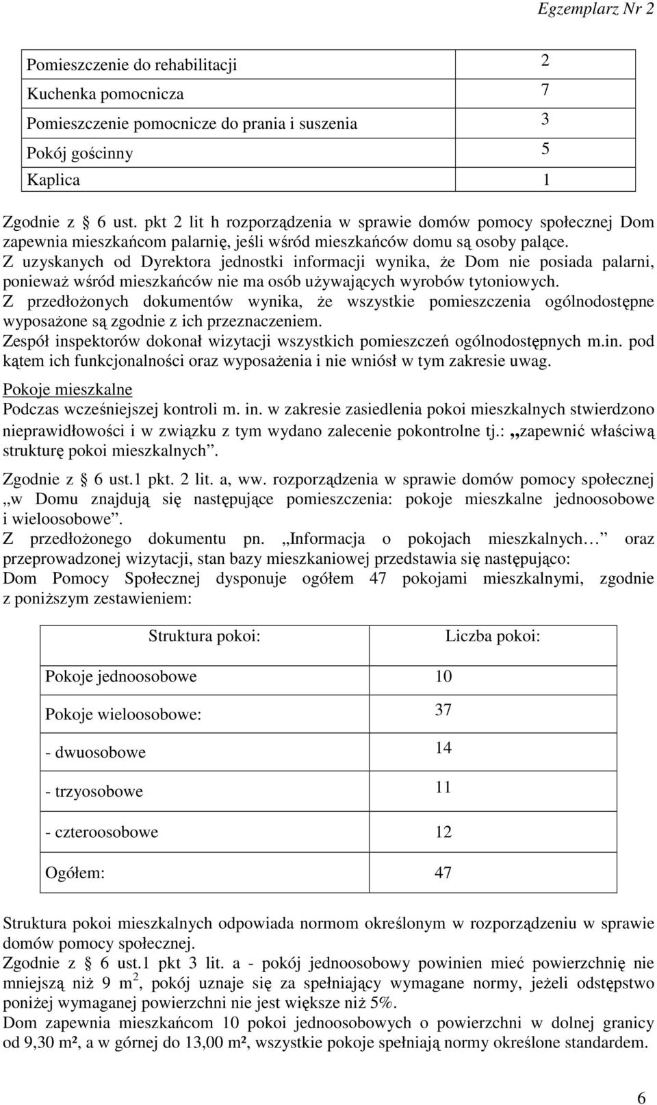 Z uzyskanych od Dyrektora jednostki informacji wynika, że Dom nie posiada palarni, ponieważ wśród mieszkańców nie ma osób używających wyrobów tytoniowych.