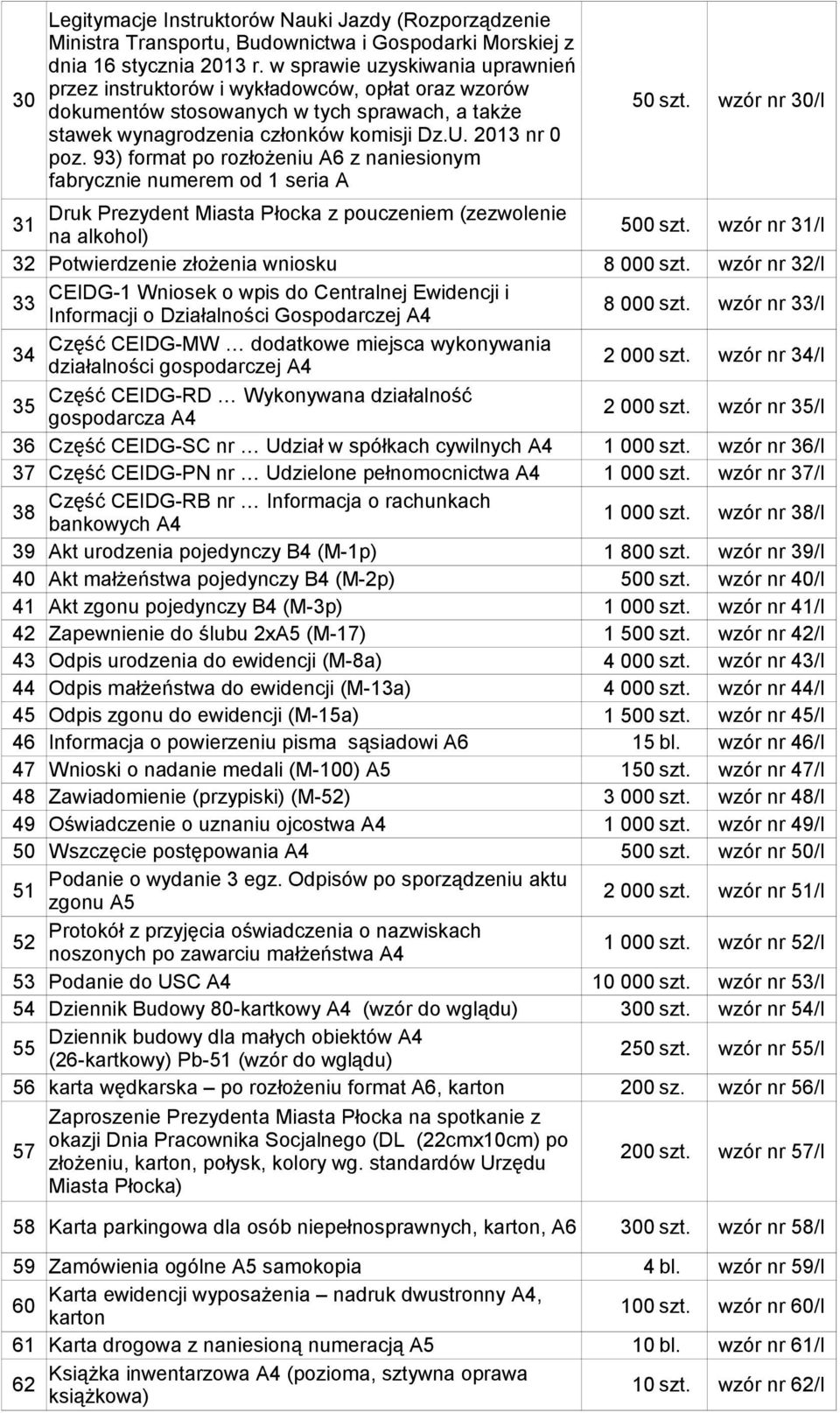 2013 nr 0 poz. 93) format po rozłożeniu A6 z naniesionym fabrycznie numerem od 1 seria A 31 Druk Prezydent Miasta Płocka z pouczeniem (zezwolenie na alkohol) 500 szt.