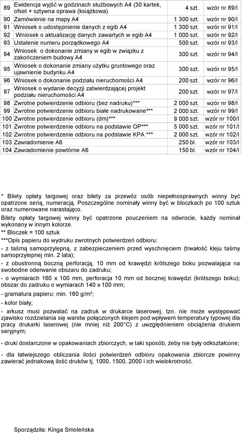 wzór nr 92/I 93 Ustalenie numeru porządkowego A4 500 szt. wzór nr 93/I 94 Wniosek o dokonanie zmiany w egib w związku z zakończeniem budowy A4 300 szt.