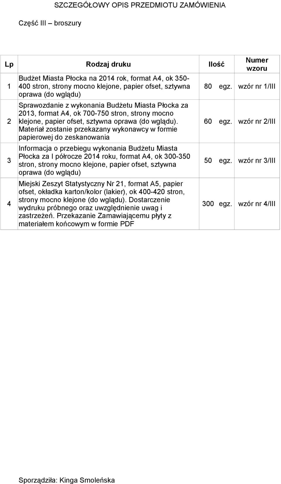 wzór nr 2/III Materiał zostanie przekazany wykonawcy w formie papierowej do zeskanowania Informacja o przebiegu wykonania Budżetu Miasta 3 Płocka za I półrocze 2014 roku, format A4, ok 300-350 stron,