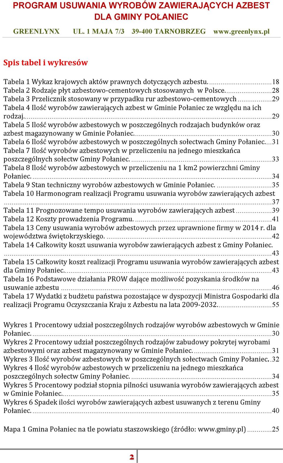 ... 29 Tabela 5 Ilość wyrobów azbestowych w poszczególnych rodzajach budynków oraz azbest magazynowany w Gminie Połaniec.