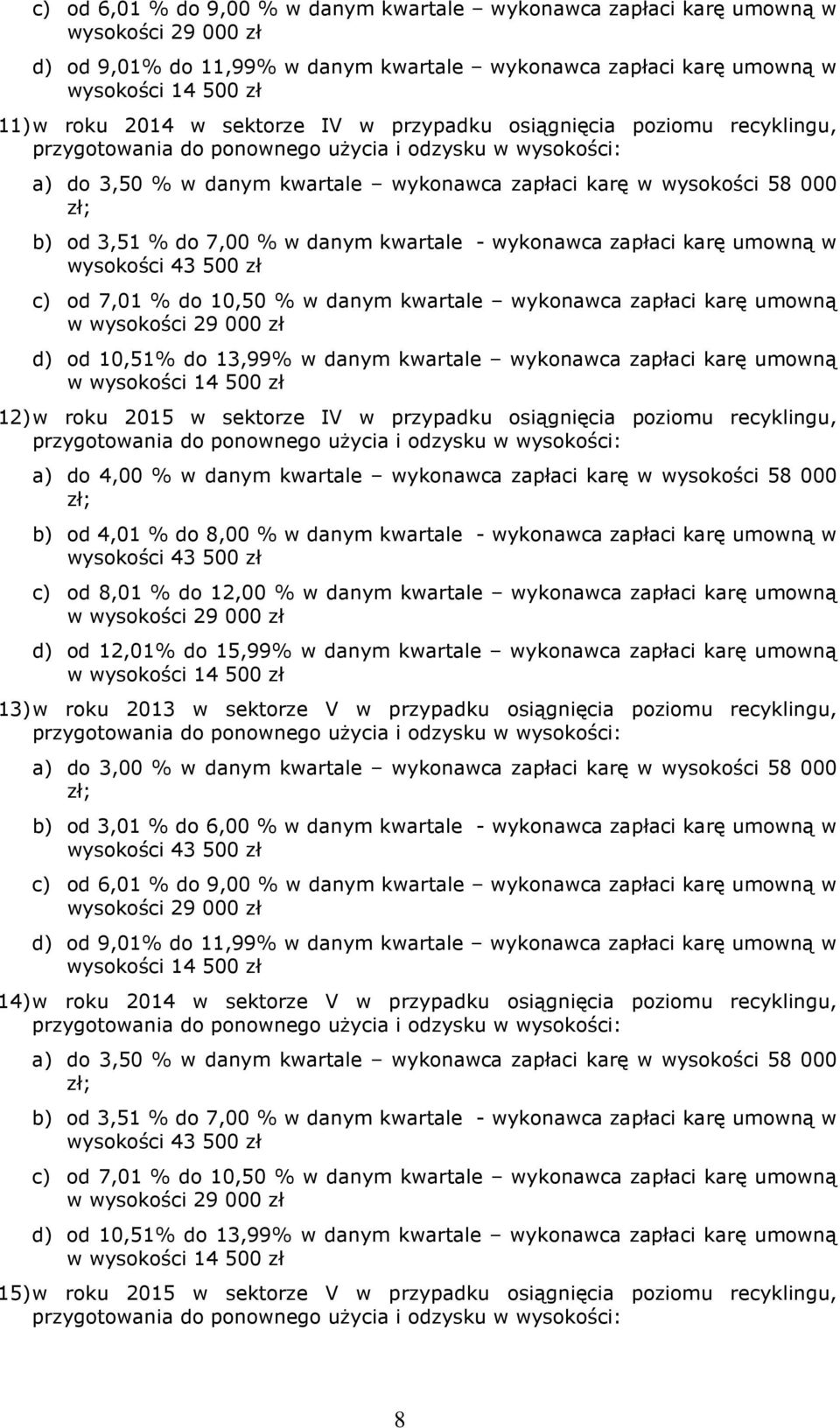 umowną w wysokości 43 500 zł c) od 7,01 % do 10,50 % w danym kwartale wykonawca zapłaci karę umowną w wysokości 29 000 zł d) od 10,51% do 13,99% w danym kwartale wykonawca zapłaci karę umowną w