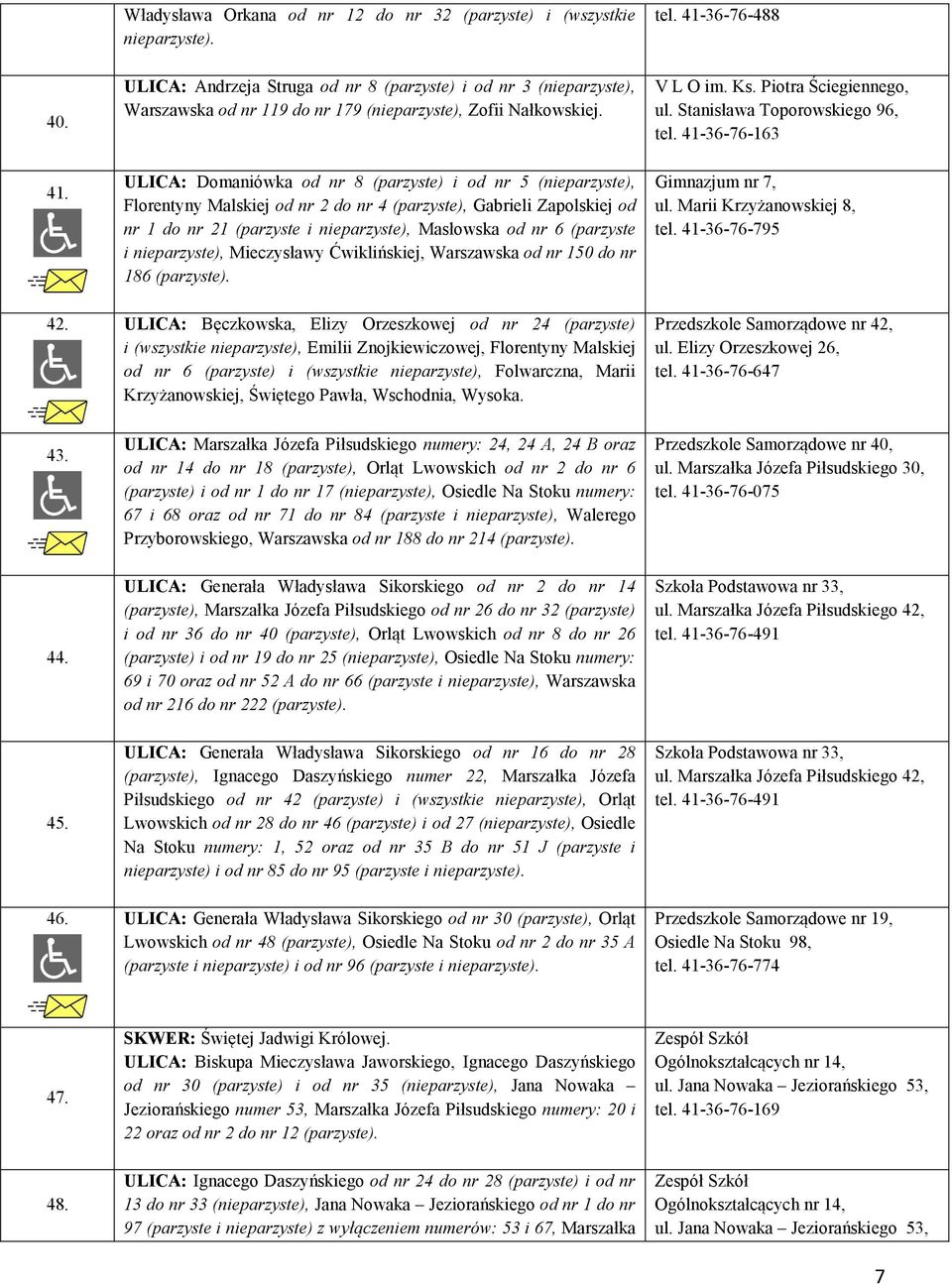 ULICA: Domaniówka od nr 8 (parzyste) i od nr 5 (nieparzyste), Florentyny Malskiej od nr 2 do nr 4 (parzyste), Gabrieli Zapolskiej od nr 1 do nr 21 (parzyste i nieparzyste), Masłowska od nr 6