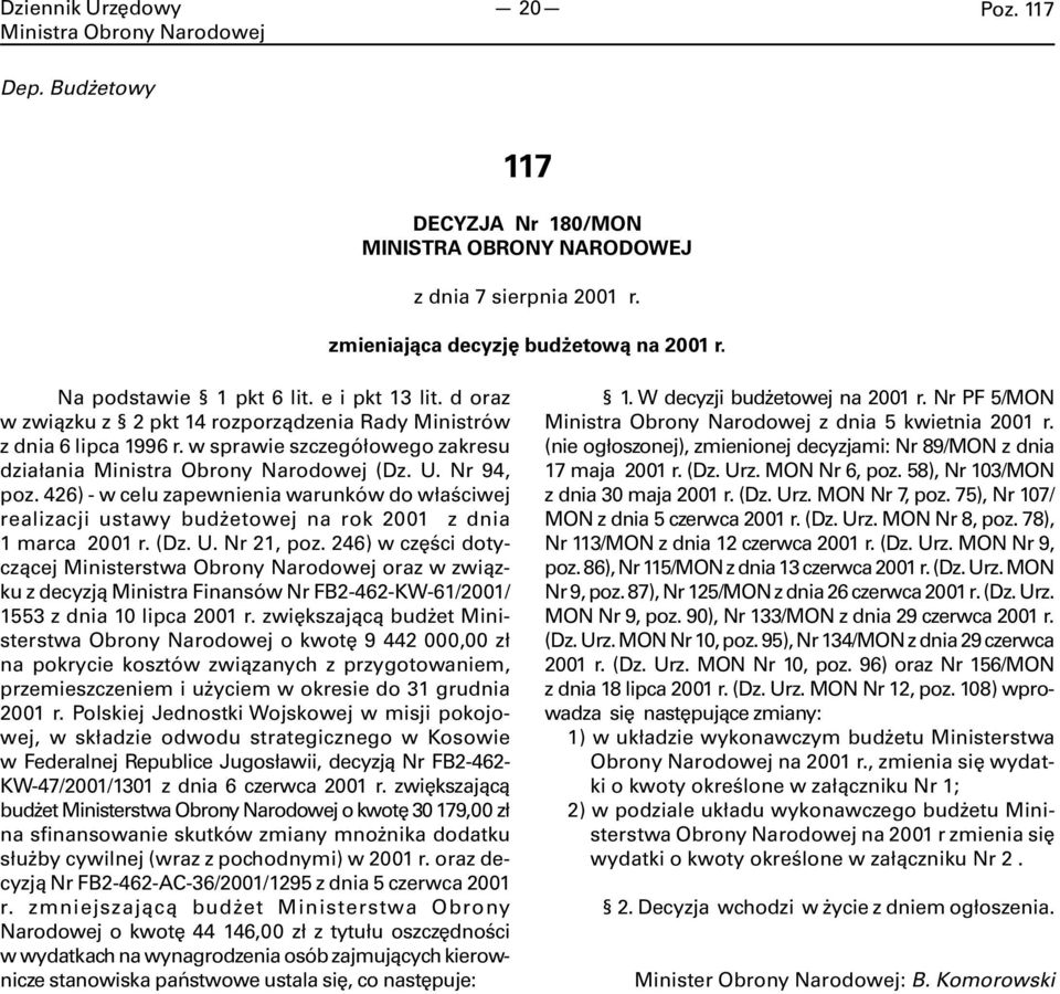 426) - w celu zapewnienia warunków do właściwej realizacji ustawy budżetowej na rok 2001 z dnia 1 marca 2001 r. (Dz. U. Nr 21, poz.