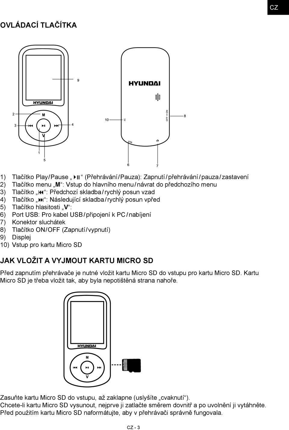 Tlačítko ON/OFF (Zapnutí/vypnutí) 9) Displej 10) Vstup pro kartu Micro SD Jak vložit a vyjmout kartu Micro SD Před zapnutím přehrávače je nutné vložit kartu Micro SD do vstupu pro kartu Micro SD.