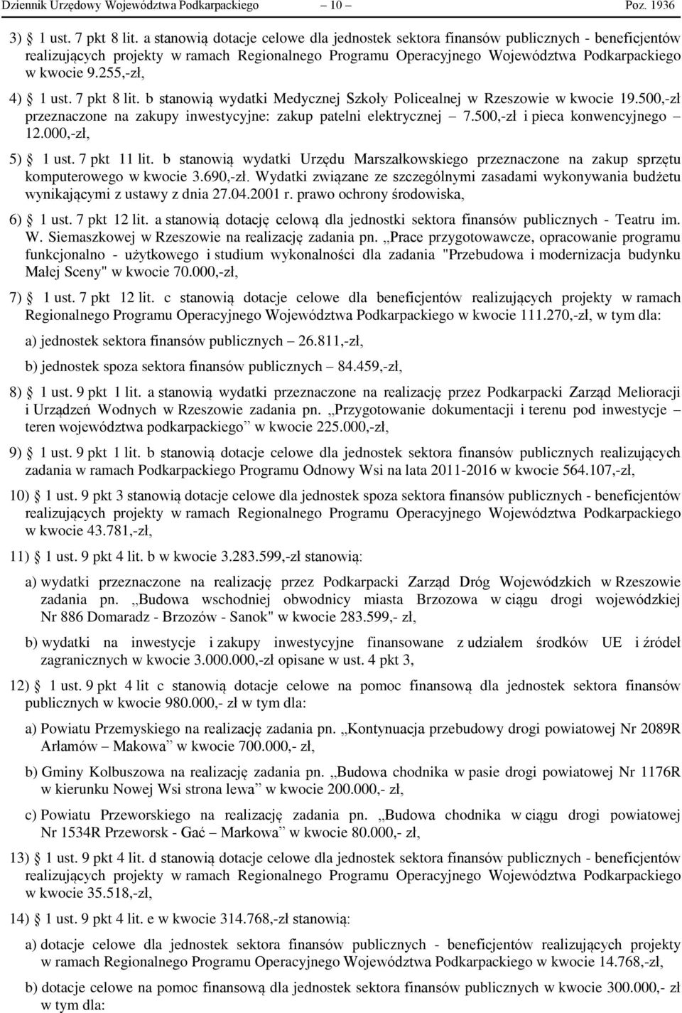 255,-zł, 4) 1 ust. 7 pkt 8 lit. b stanowią wydatki Medycznej Szkoły Policealnej w Rzeszowie w kwocie 19.500,-zł przeznaczone na zakupy inwestycyjne: zakup patelni elektrycznej 7.