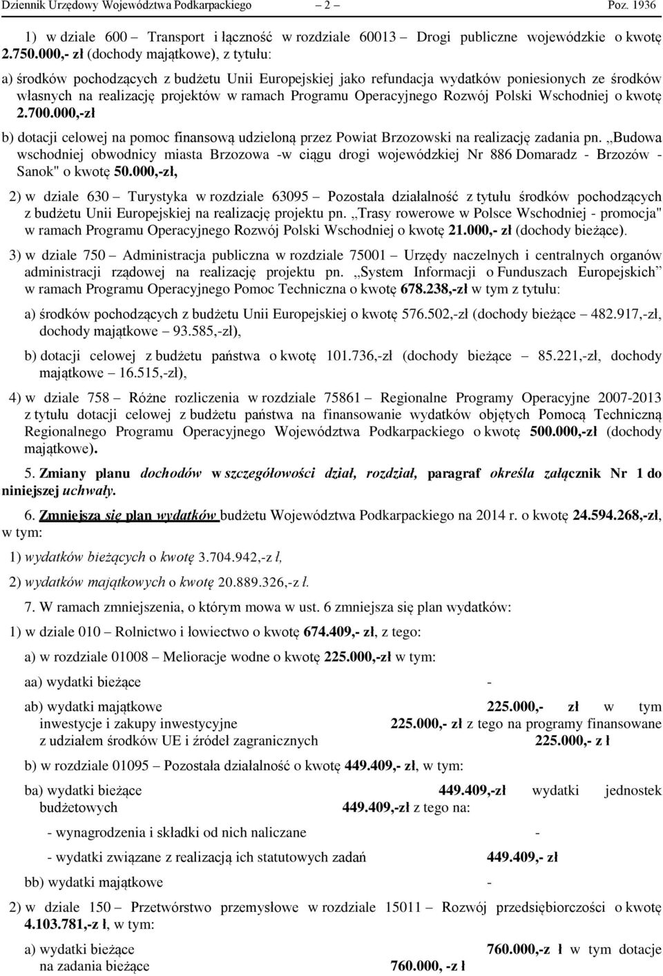 Operacyjnego Rozwój Polski Wschodniej o kwotę 2.700.000,-zł b) dotacji celowej na pomoc finansową udzieloną przez Powiat Brzozowski na realizację zadania pn.