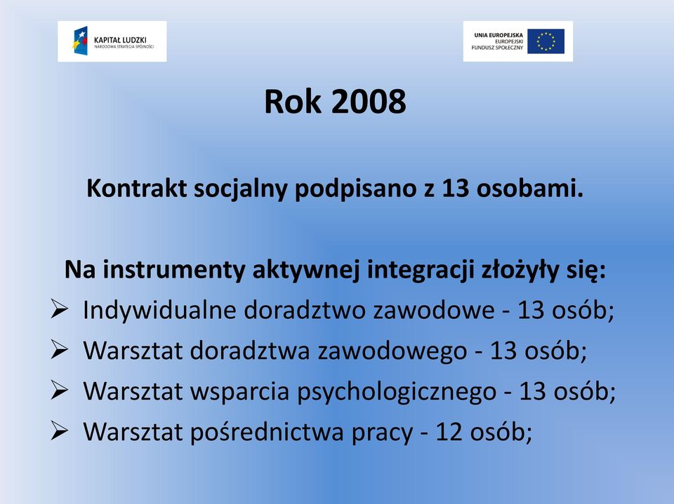 doradztwo zawodowe - 13 osób; Warsztat doradztwa zawodowego - 13