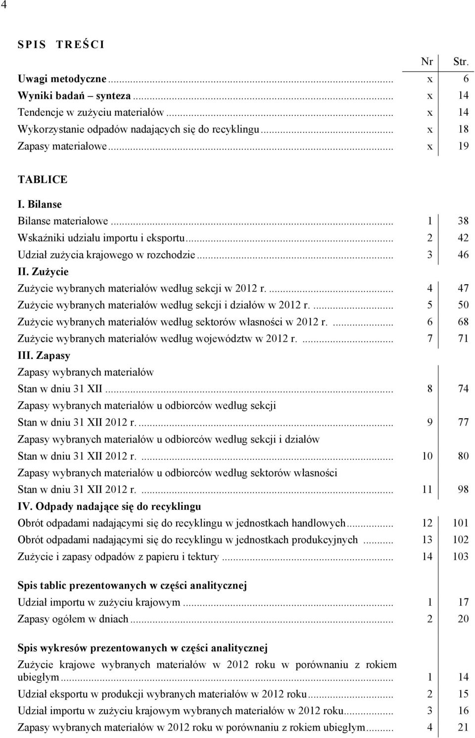 Zużycie Zużycie wybranych materiałów według sekcji w 2012 r.... 4 47 Zużycie wybranych materiałów według sekcji i działów w 2012 r.