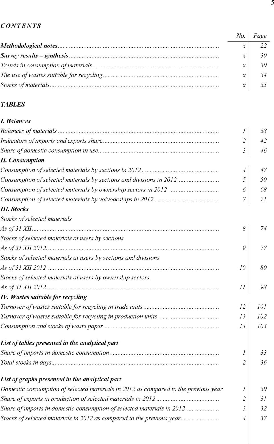 Consumption Consumption of selected materials by sections in 2012... 4 47 Consumption of selected materials by sections and divisions in 2012.