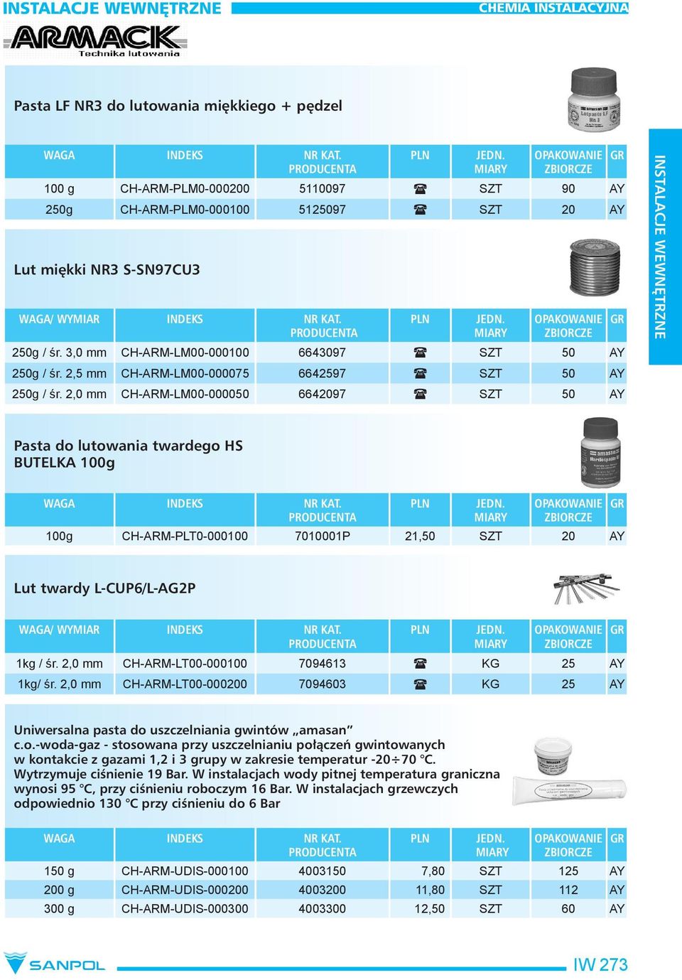 2,0 mm CH-ARM-LM00-000050 6642097 SZT 50 AY INSTALACJE WEWNĘTRZNE Pasta do lutowania twardego HS BUTELKA 100g 100g CH-ARM-PLT0-000100 7010001P 21,50 SZT 20 AY Lut twardy L-CUP6/L-AG2P WAGA/ WYMIAR