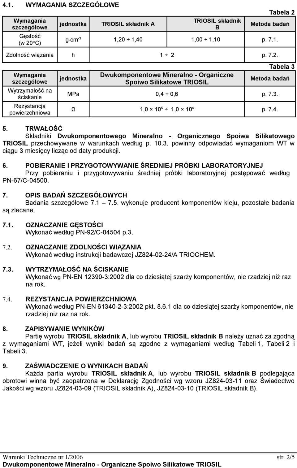 g cm -3 1,20 1,40 1,00 1,10 p. 7.1. Zdolność wiązania h 1 2 p. 7.2. Wymagania szczegółowe Wytrzymałość na ściskanie Rezystancja powierzchniowa jednostka Dwukomponentowe Mineralno - Organiczne Spoiwo Silikatowe TRIOSIL Tabela 3 MPa 0,4 0,6 p.