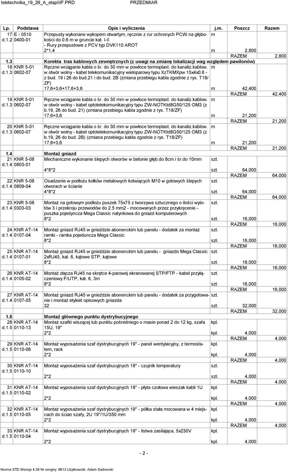 1.3 0602-07 21 d.1.4 Ręczne wciąganie kabla o śr. do 30 w powłoce teroplast. do kanaliz.kablow. w otwór wolny - kabel telekounikacyjny wieloparowy typu XzTKMXpw 15x4x0.6 - z bud. 19 i 26 do bud.