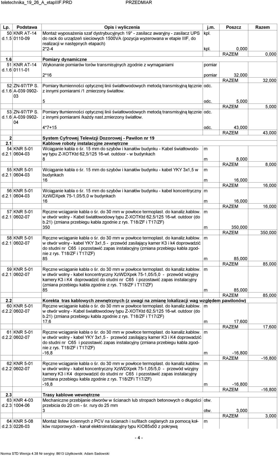 z innyi poiarai /1 zierzony światłow. 5 odc. 5,000 RAZEM 5,000 Poiary tłuienności optycznej linii światłowodowych etodą transisyjną łącznie odc. z innyi poiarai /każdy nast.zierzony światłow. 4*7+15 odc.