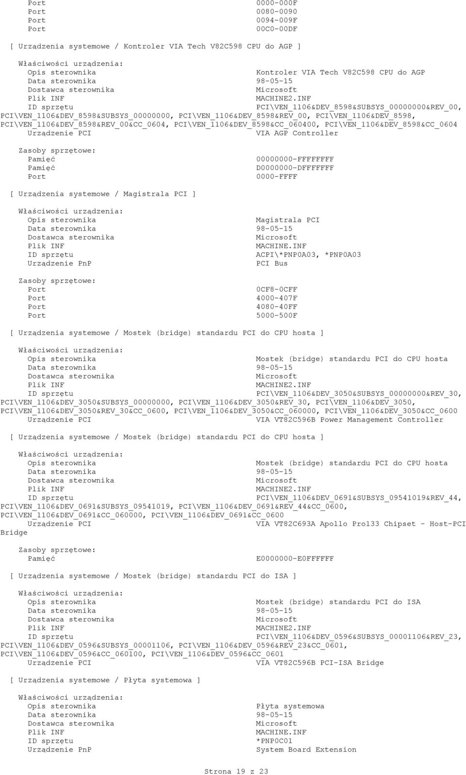 \VEN_1106&DEV_8598&CC_0604 Urządzenie VIA AGP Controller 00000000-FFFFFFFF D0000000-DFFFFFFF 0000-FFFF [ Urządzenia systemowe / Magistrala ] Magistrala ACPI\*PNP0A03, *PNP0A03 Bus 0CF8-0CFF 4000-407F