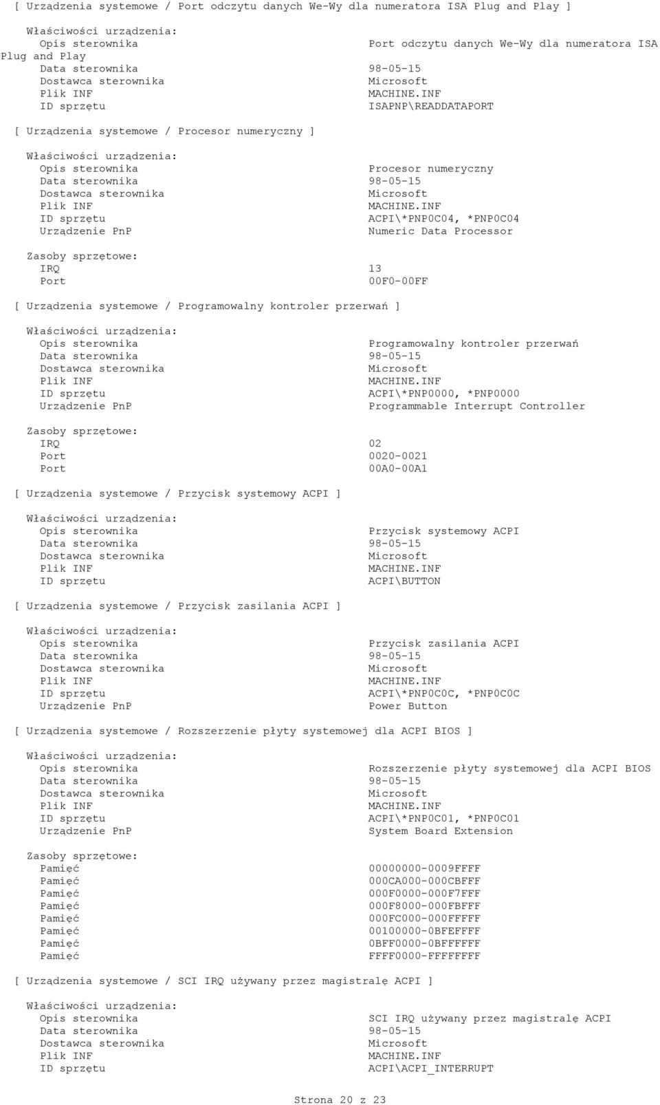 *PNP0000 Programmable Interrupt Controller IRQ 02 0020-0021 00A0-00A1 [ Urządzenia systemowe / Przycisk systemowy ACPI ] Przycisk systemowy ACPI ACPI\BUTTON [ Urządzenia systemowe / Przycisk