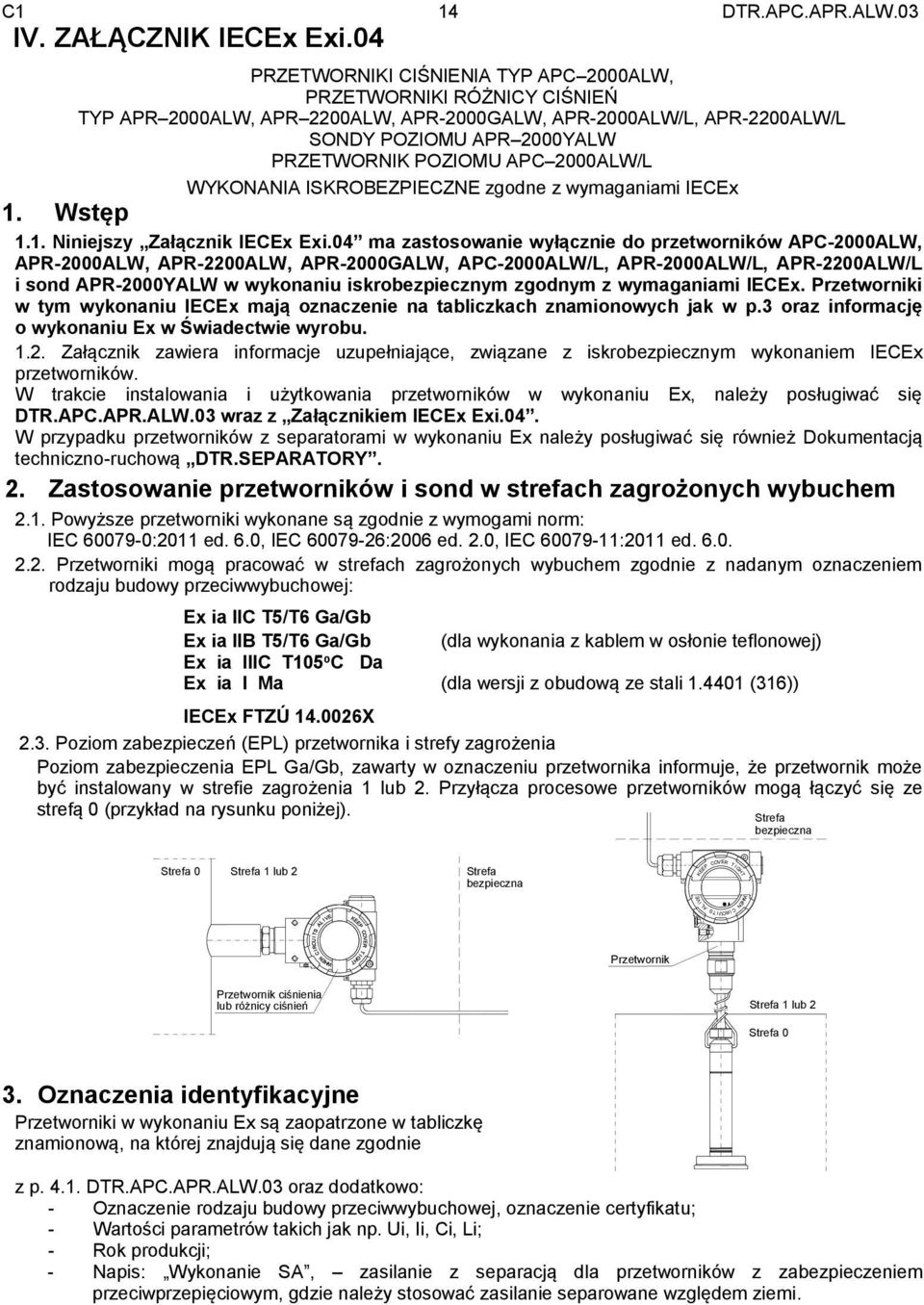 2000ALW/L WYKONANIA ISKROBEZPIECZNE zgodne z wymaganiami IECEx 1. Wstęp 1.1. Niniejszy Załącznik IECEx Exi.