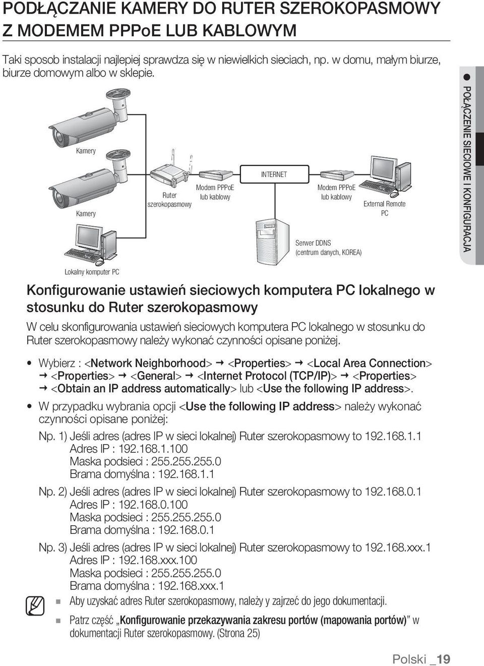 PC Konfigurowanie ustawień sieciowych komputera PC lokalnego w stosunku do Ruter szerokopasmowy W celu skonfigurowania ustawień sieciowych komputera PC lokalnego w stosunku do Ruter szerokopasmowy