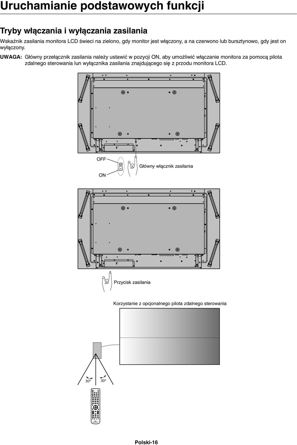 UWAGA: G ówny prze àcznik zasilania nale y ustawiç w pozycji ON, aby umo liwiç w àczanie monitora za pomocà pilota zdalnego