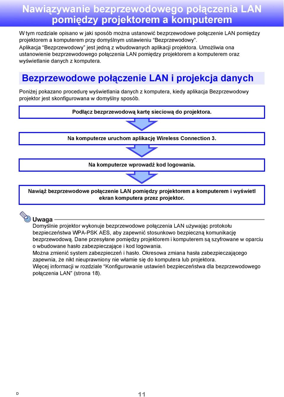 Umożliwia ona ustanowienie bezprzewodowego połączenia LAN pomiędzy projektorem a komputerem oraz wyświetlanie danych z komputera.