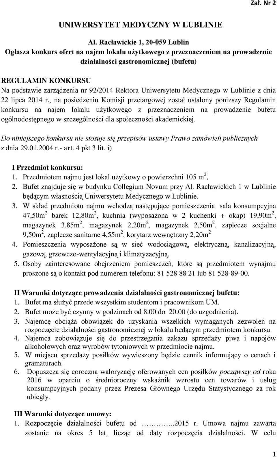 92/2014 Rektora Uniwersytetu Medycznego w Lublinie z dnia 22 lipca 2014 r.