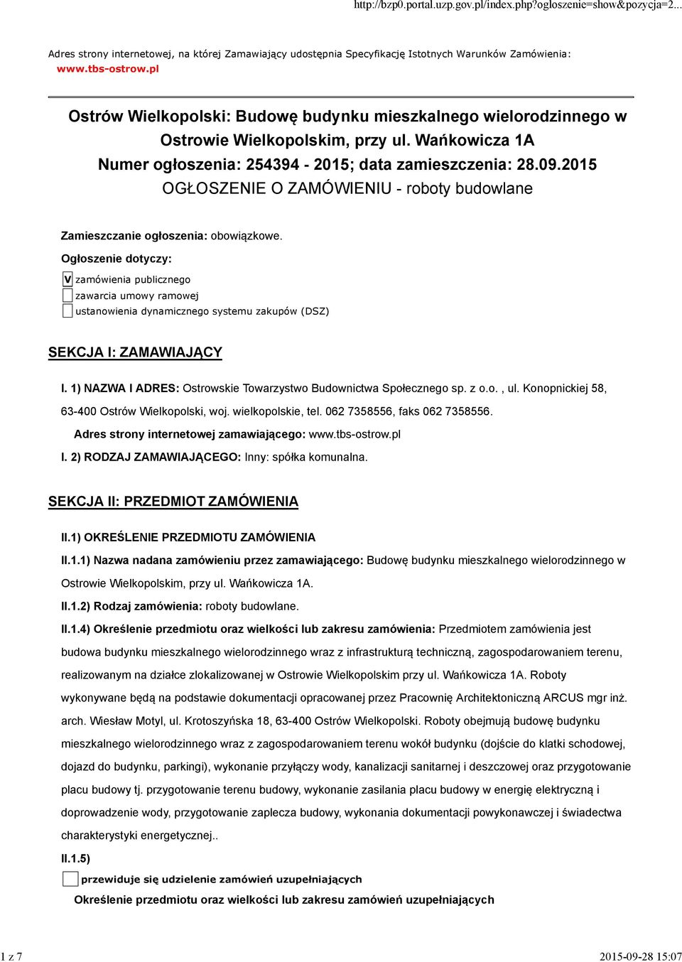 2015 OGŁOSZENIE O ZAMÓWIENIU - roboty budowlane Zamieszczanie ogłoszenia: obowiązkowe.