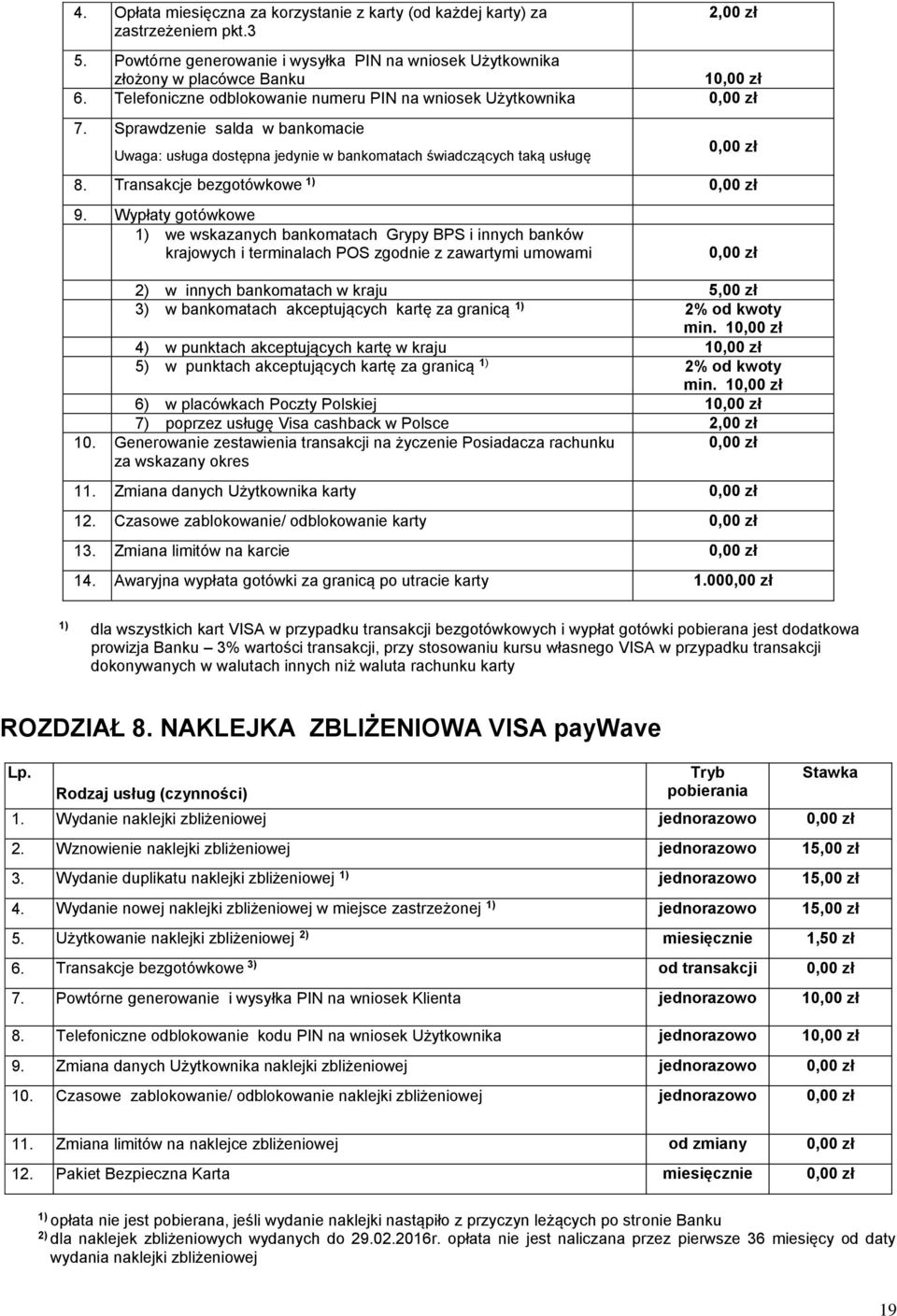 Wypłaty gotówkowe 1) we wskazanych bankomatach Grypy BPS i innych banków krajowych i terminalach POS zgodnie z zawartymi umowami 2) w innych bankomatach w kraju 5,00 zł 3) w bankomatach akceptujących