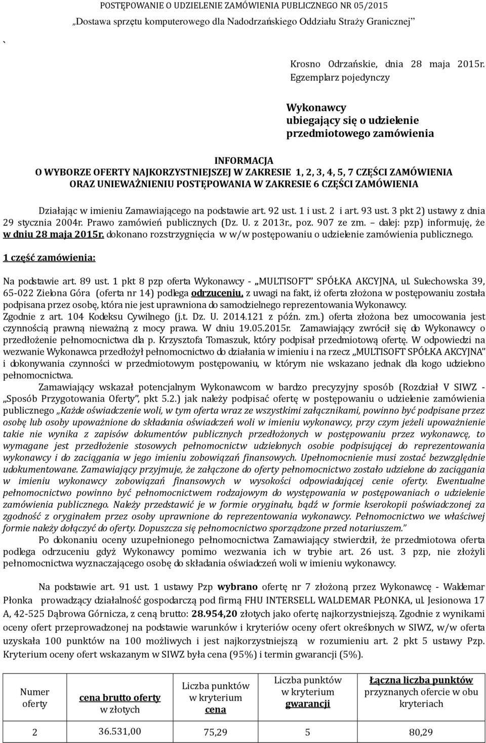 POSTĘPOWANIA W ZAKRESIE 6 CZĘŚCI ZAMÓWIENIA Działając w imieniu Zamawiającego na podstawie art. 92 ust. 1 i ust. 2 i art. 93 ust. 3 pkt 2) ustawy z dnia 29 stycznia 2004r.