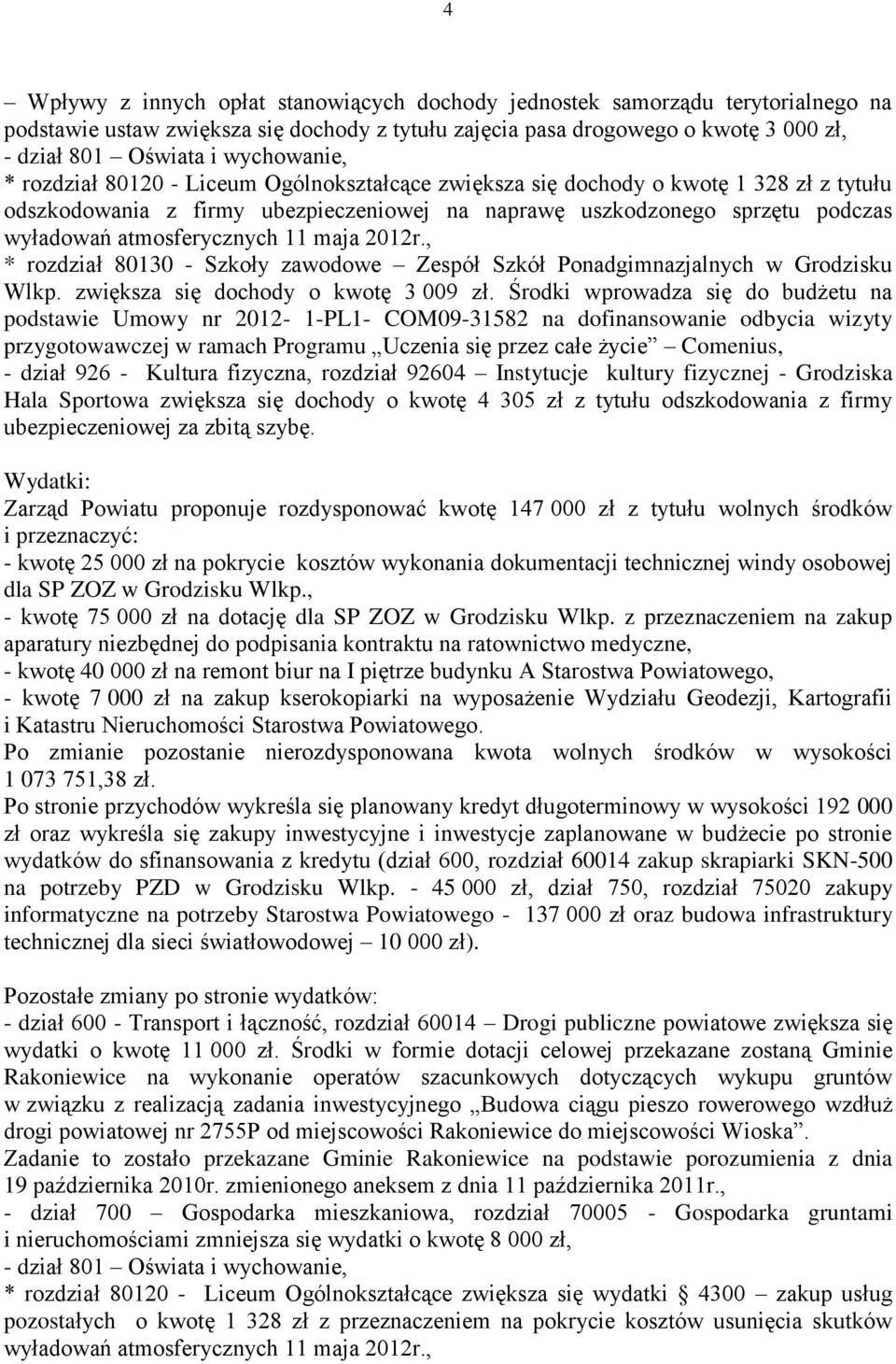 atmosferycznych 11 maja 2012r., * rozdział 80130 - Szkoły zawodowe Zespół Szkół Ponadgimnazjalnych w Grodzisku Wlkp. zwiększa się dochody o kwotę 3 009 zł.