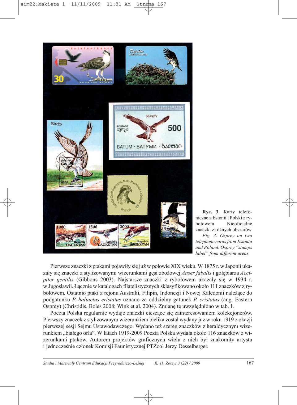 w Japonii ukazały się znaczki z stylizowanymi wizerunkami gęsi zbożowej Anser fabalis i gołębiarza Accipiter gentilis (Gibbons 2003). Najstarsze znaczki z rybołowem ukazały się w 1934 r. w Jugosławii.