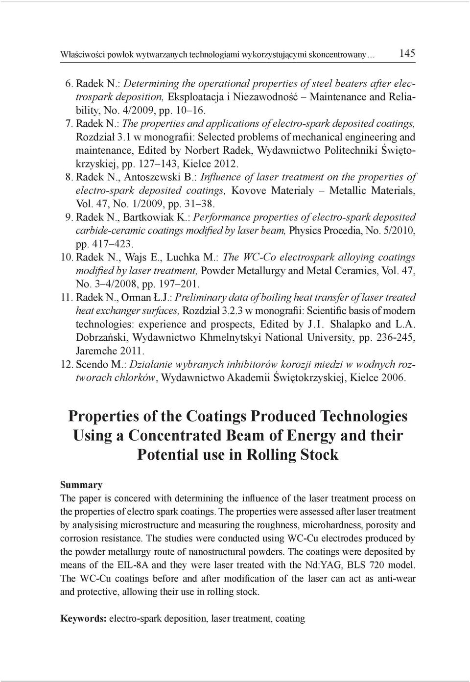 : The properties and applications of electro-spark deposited coatings, Rozdział 3.