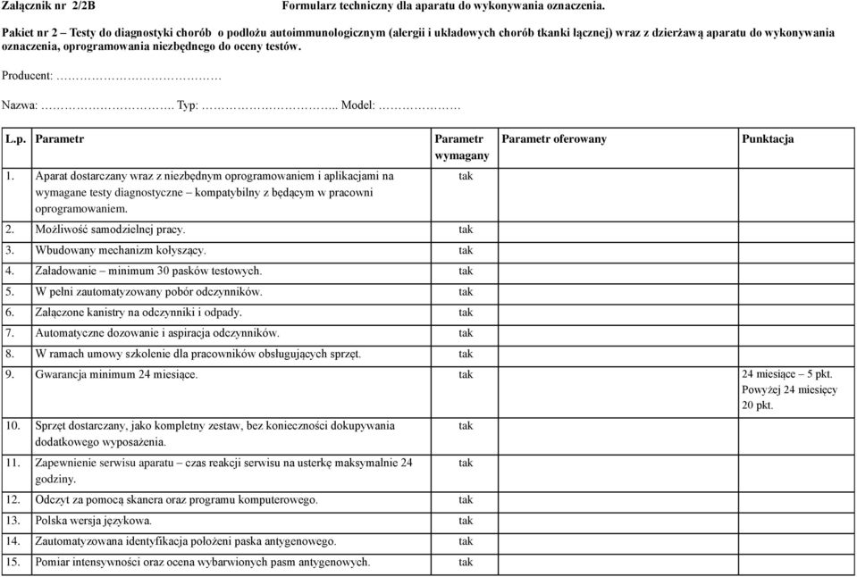 oceny testów. Producent: Nazwa:. Typ:.. Model: L.p. Parametr 1.
