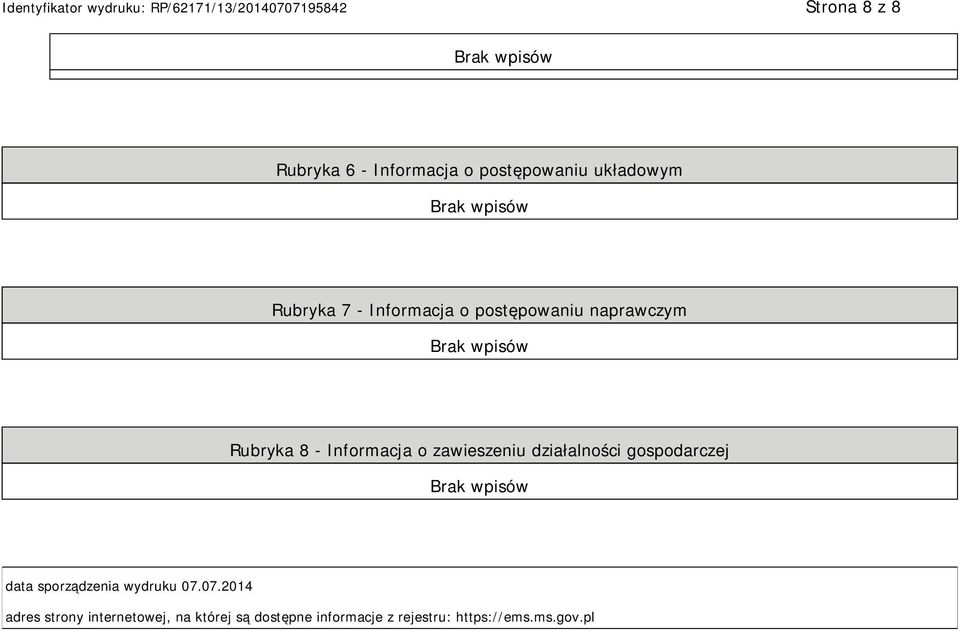 działalności gospodarczej data sporządzenia wydruku 07.