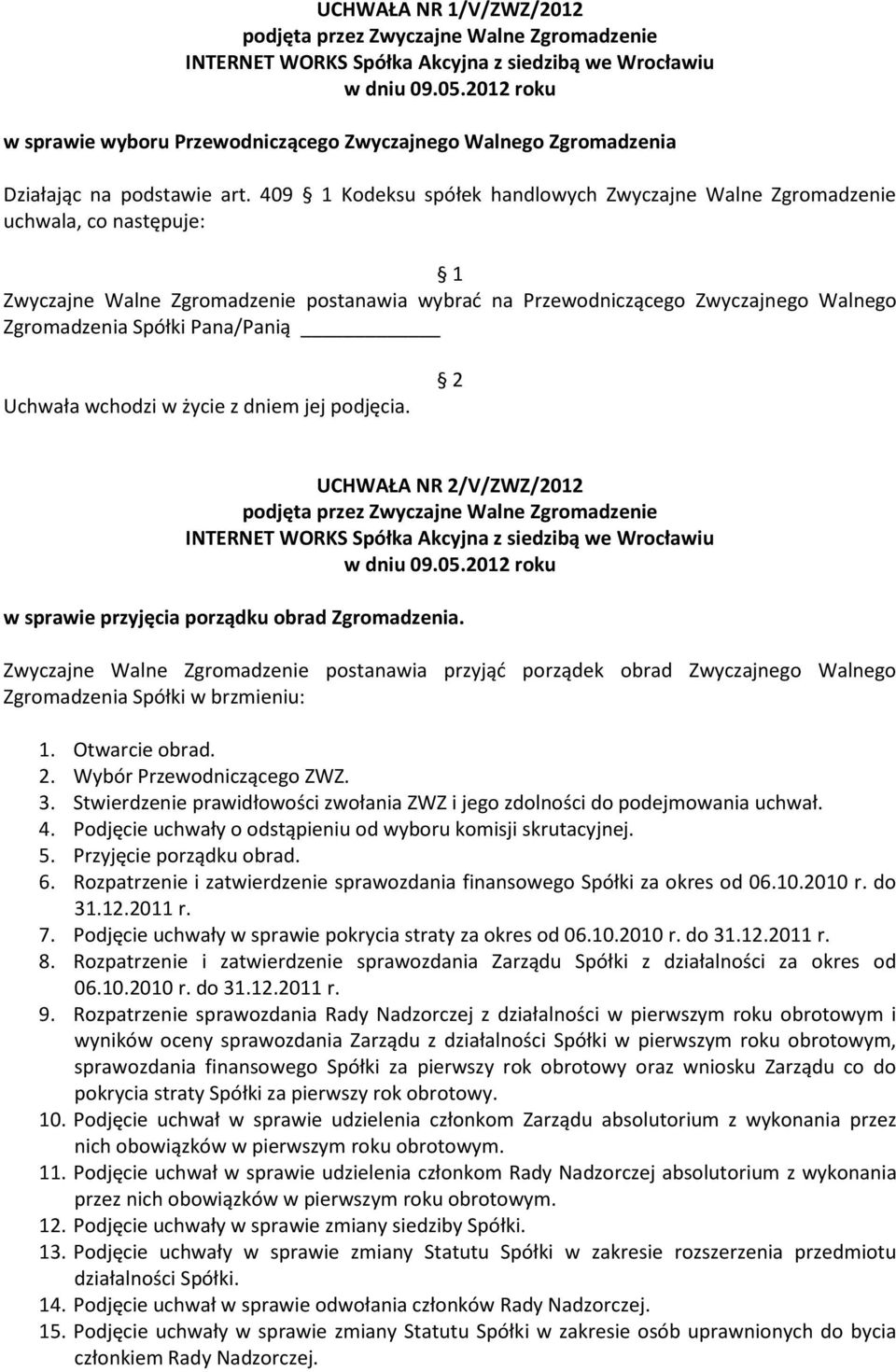 UCHWAŁA NR 2/V/ZWZ/2012 w sprawie przyjęcia porządku obrad Zgromadzenia. Zwyczajne Walne Zgromadzenie postanawia przyjąć porządek obrad Zwyczajnego Walnego Zgromadzenia Spółki w brzmieniu: 1.