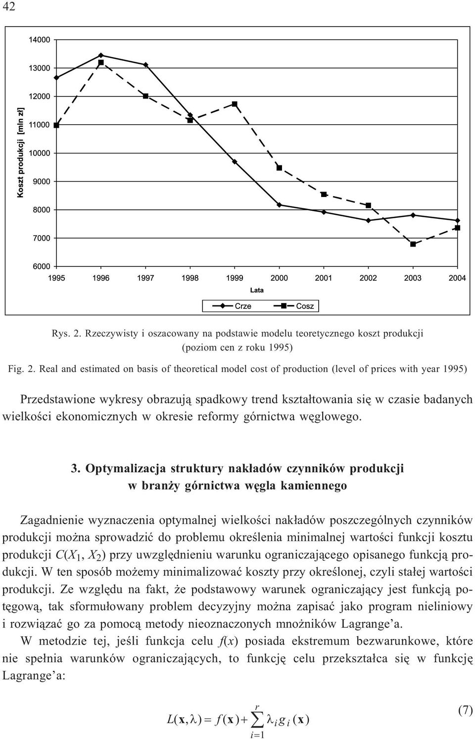 Real and estimated on basis of theoretical model cost of production (level of prices with year 1995) Przedstawione wykresy obrazuj¹ spadkowy trend kszta³towania siê w czasie badanych wielkoœci