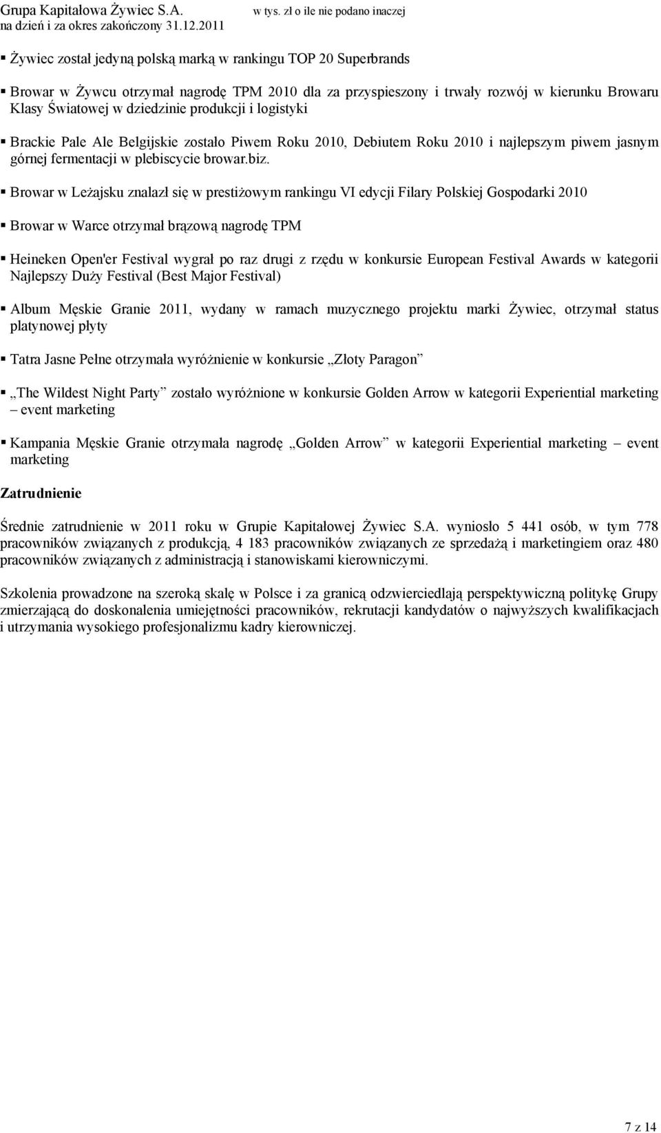 Browar w Leżajsku znalazł się w prestiżowym rankingu VI edycji Filary Polskiej Gospodarki 2010 Browar w Warce otrzymał brązową nagrodę TPM Heineken Open'er Festival wygrał po raz drugi z rzędu w