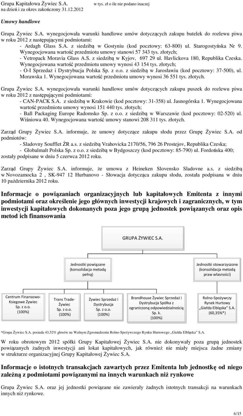 Wynegocjowana wartość przedmiotu umowy wynosi 43 154 tys. złotych; - O-I Sprzedaż i Dystrybucja Polska Sp. z o.o. z siedzibą w Jarosławiu (kod pocztowy: 37-500), ul. Morawska 1.