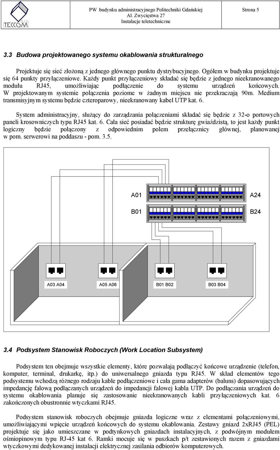 Każdy punkt przyłączeniowy składać się będzie z jednego nieekranowanego modułu RJ45, umożliwiając podłączenie do systemu urządzeń końcowych.