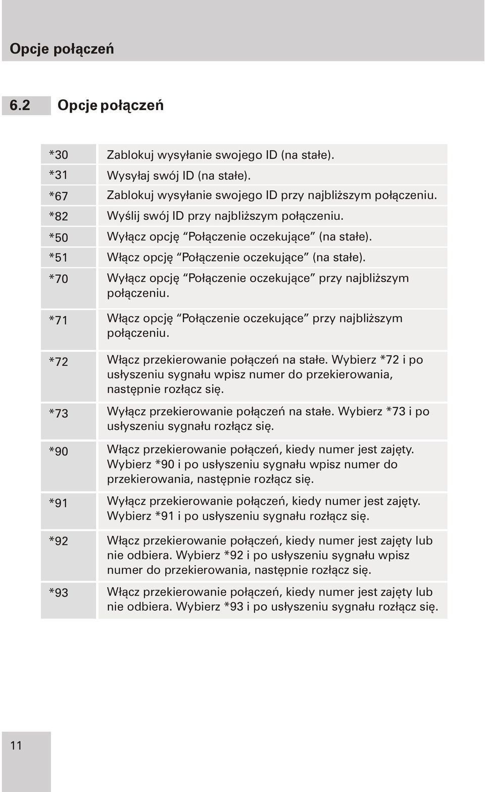 W³¹cz opcjê Po³¹czenie oczekuj¹ce przy najbli szym po³¹czeniu. *72 W³¹cz przekierowanie po³¹czeñ na sta³e. Wybierz *72 i po us³yszeniu sygna³u wpisz numer do przekierowania, nastêpnie roz³¹cz siê.