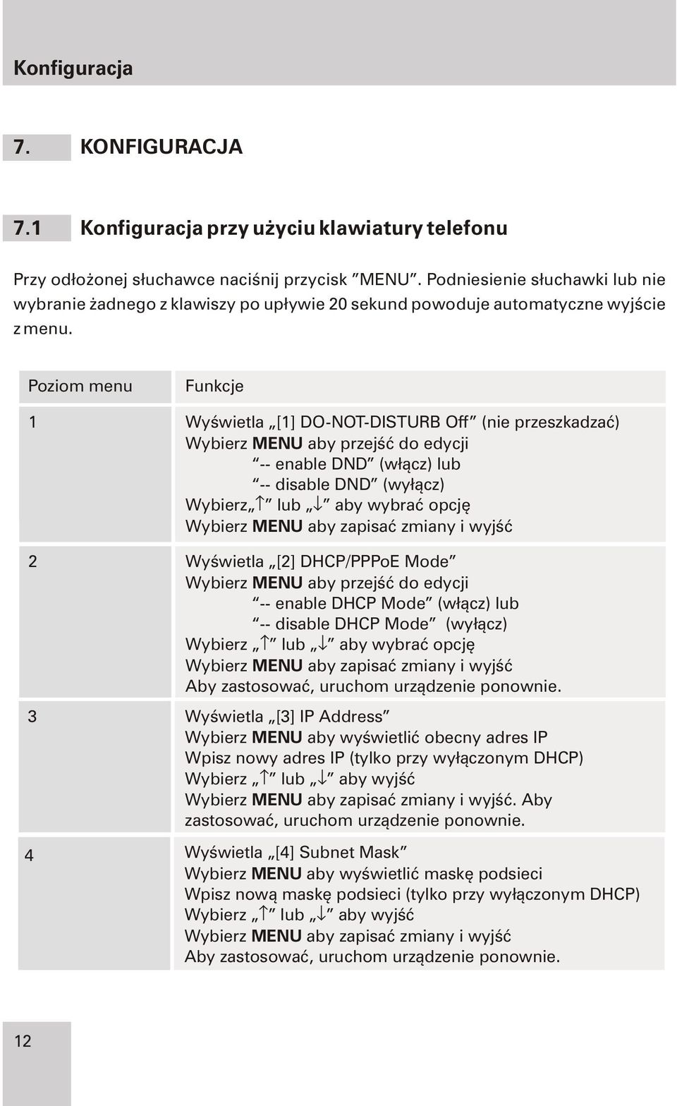 Poziom menu Funkcje 1 Wyœwietla [1] DO-NOT-DISTURB Off (nie przeszkadzaæ) Wybierz MENU aby przejœæ do edycji -- enable DND (w³¹cz) lub -- disable DND (wy³¹cz) Wybierz lub aby wybraæ opcjê Wybierz