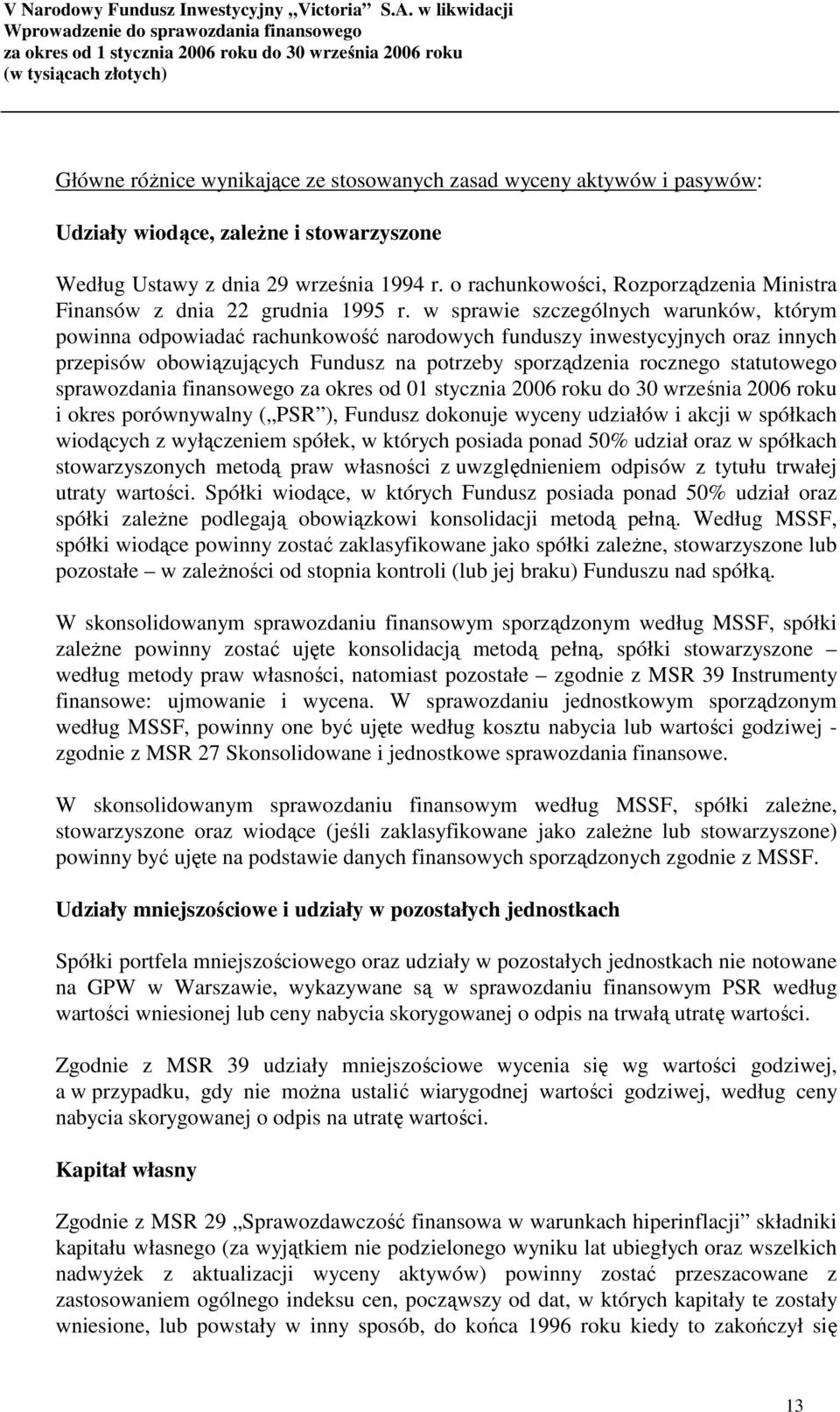 w sprawie szczególnych warunków, którym powinna odpowiadać rachunkowość narodowych funduszy inwestycyjnych oraz innych przepisów obowiązujących Fundusz na potrzeby sporządzenia rocznego statutowego