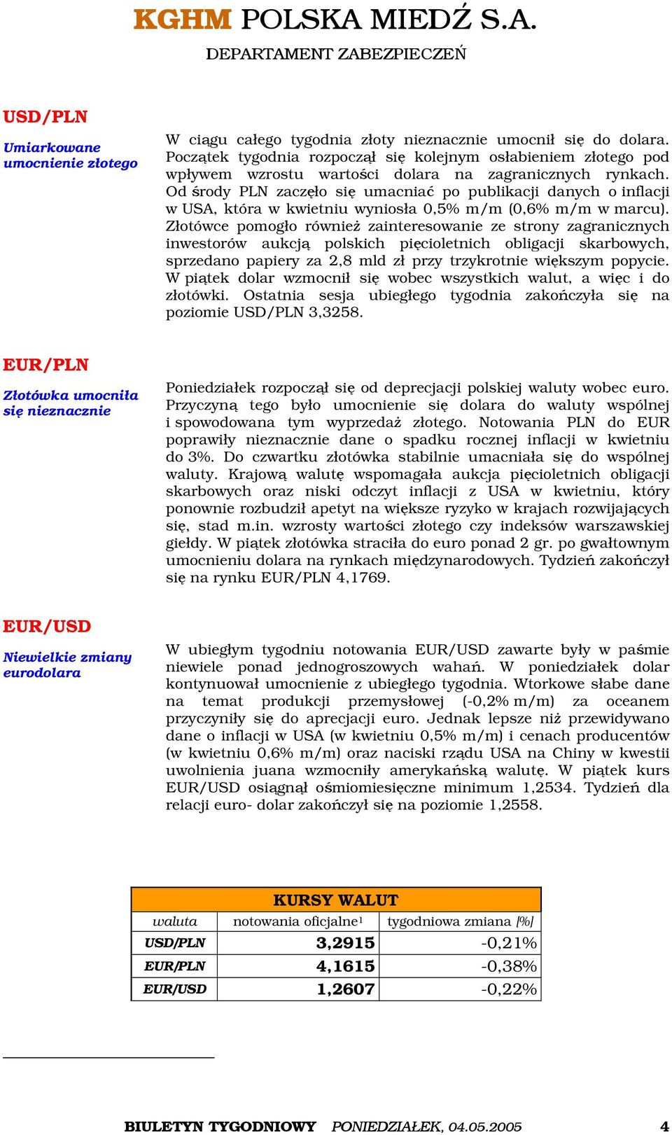 Od środy PLN zaczęło się umacniać po publikacji danych o inflacji w USA, która w kwietniu wyniosła 0,5% m/m (0,6% m/m w marcu).