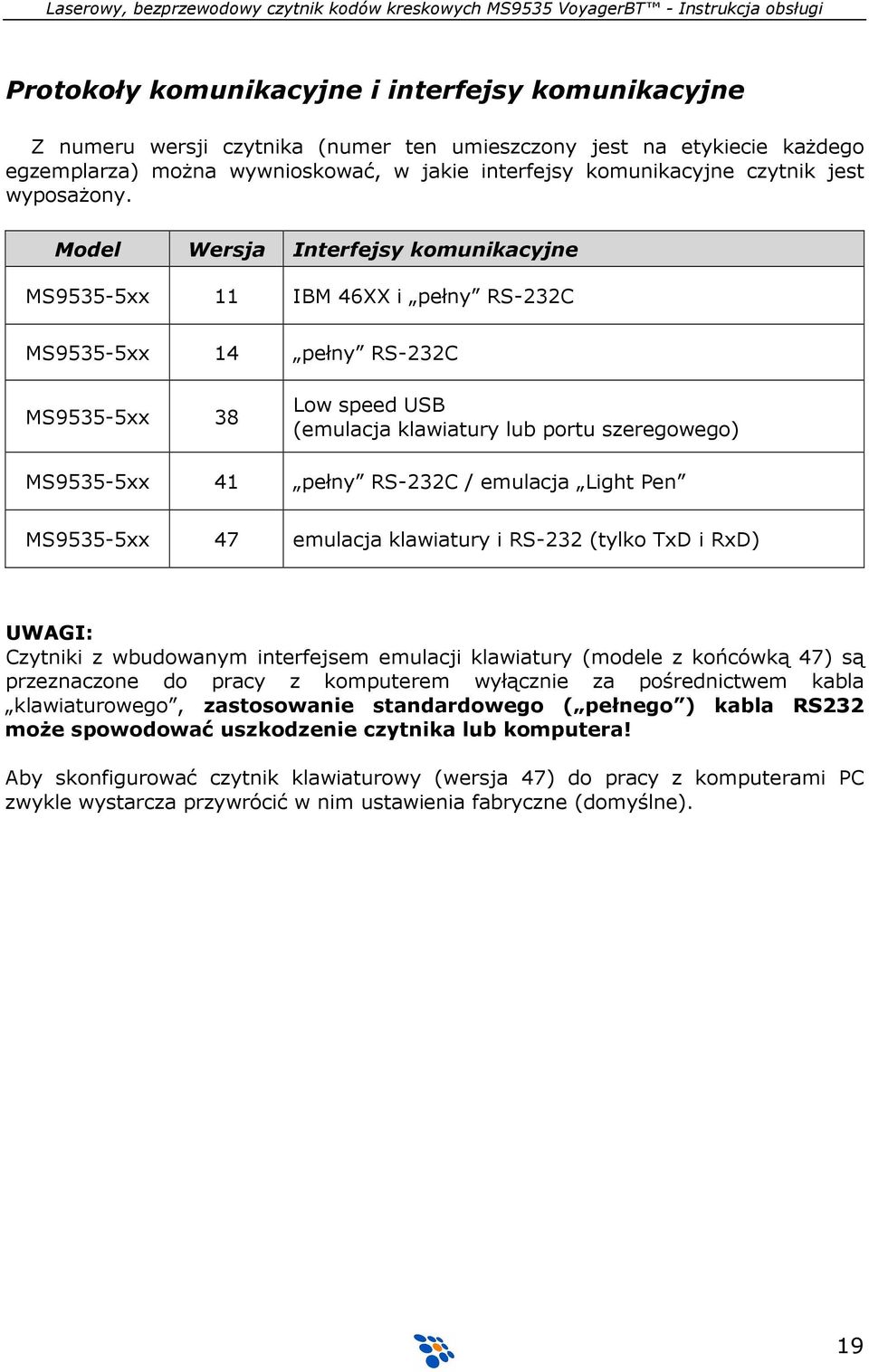 Model Wersja Interfejsy komunikacyjne MS9535-5xx 11 IBM 46XX i pełny RS-232C MS9535-5xx 14 pełny RS-232C MS9535-5xx 38 Low speed USB (emulacja klawiatury lub portu szeregowego) MS9535-5xx 41 pełny