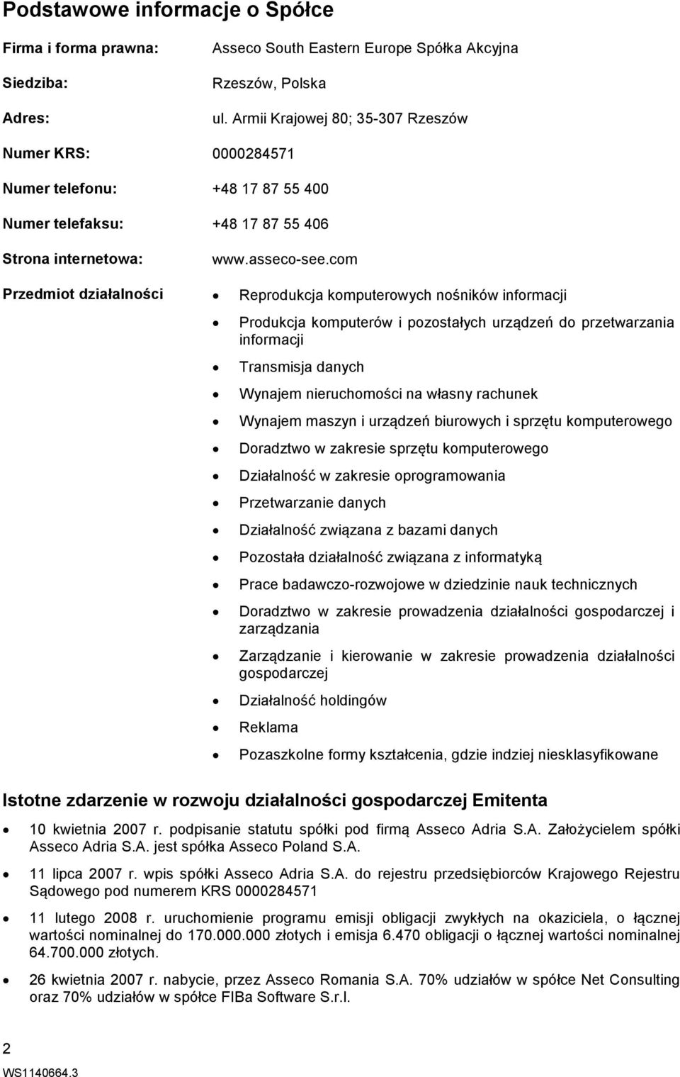 com Przedmiot działalności Reprodukcja komputerowych nośników informacji Produkcja komputerów i pozostałych urządzeń do przetwarzania informacji Transmisja danych Wynajem nieruchomości na własny