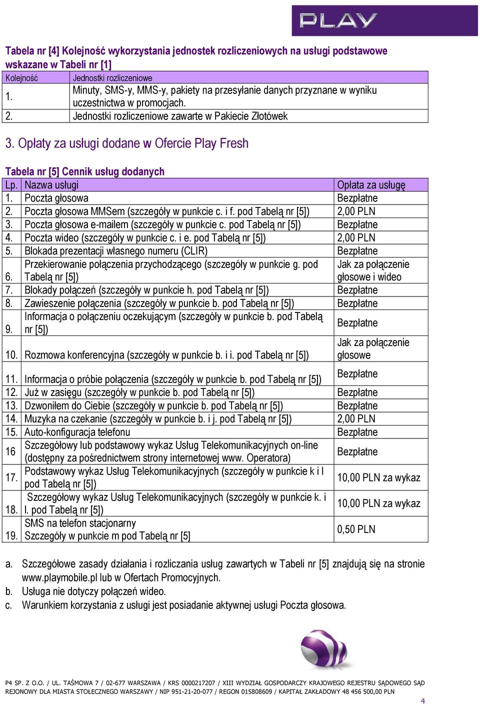 Nazwa usługi Opłata za usługę 1. Poczta głosowa Bezpłatne 2. Poczta głosowa MMSem (szczegóły w punkcie c. i f. pod Tabelą nr [5]) 2,00 3. Poczta głosowa e-mailem (szczegóły w punkcie c.