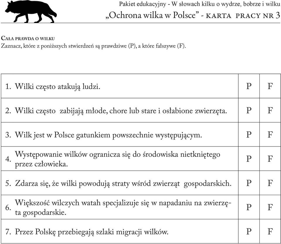 Wilk jest w Polsce gatunkiem powszechnie występującym. P F 4. Występowanie wilków ogranicza się do środowiska nietkniętego przez człowieka. P F 5.