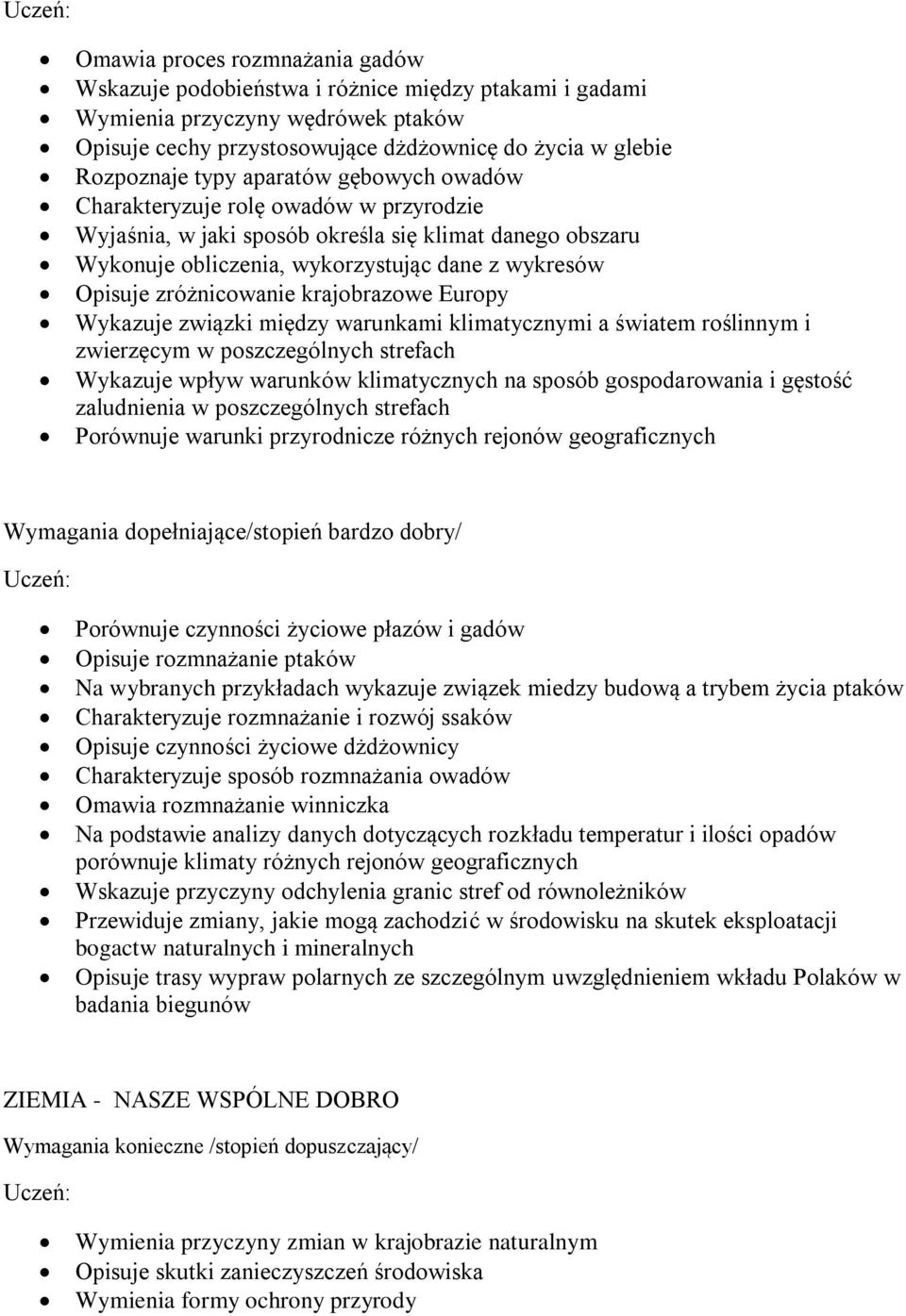 krajobrazowe Europy Wykazuje związki między warunkami klimatycznymi a światem roślinnym i zwierzęcym w poszczególnych strefach Wykazuje wpływ warunków klimatycznych na sposób gospodarowania i gęstość