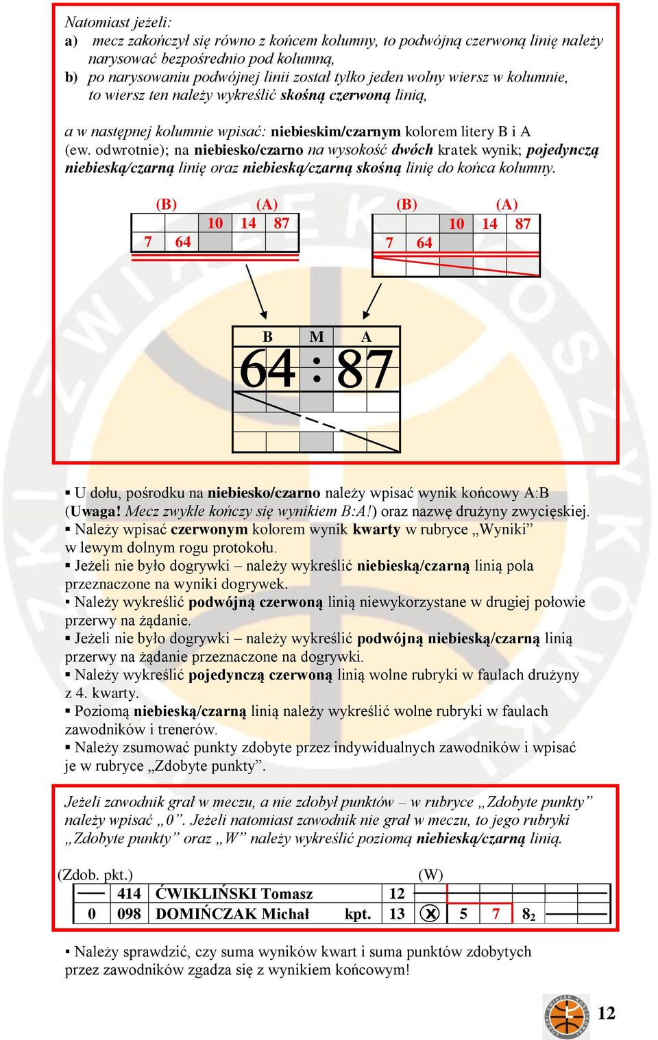 odwrotnie); na niebiesko/czarno na wysokość dwóch kratek wynik; pojedynczą niebieską/czarną linię oraz niebieską/czarną skośną linię do końca kolumny.